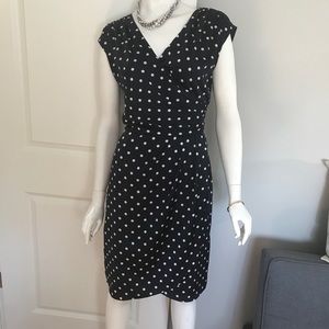Blue and white polka dot silky wrap dress